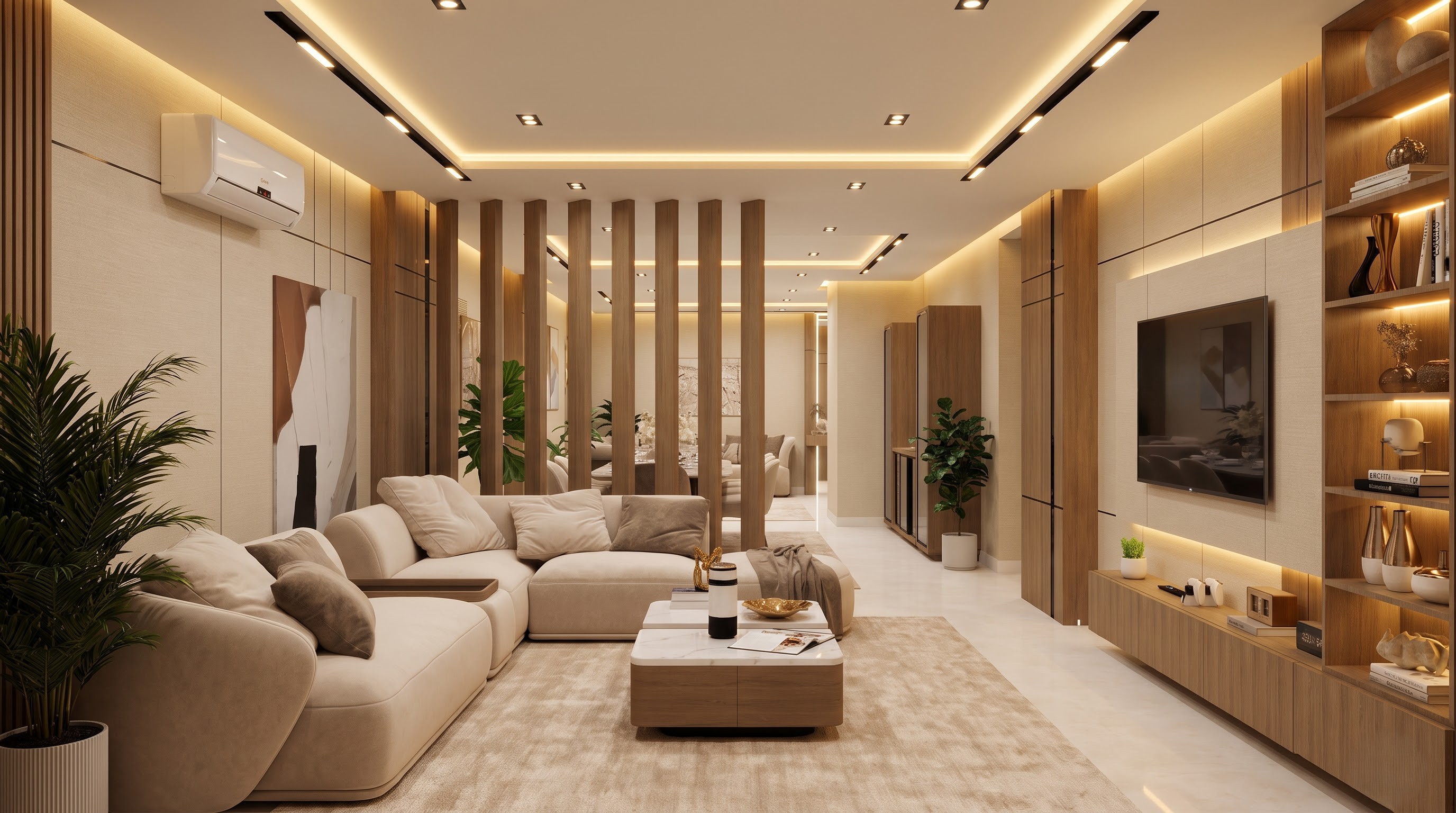 Warm partitioned living room with wood slats and dusk lighting