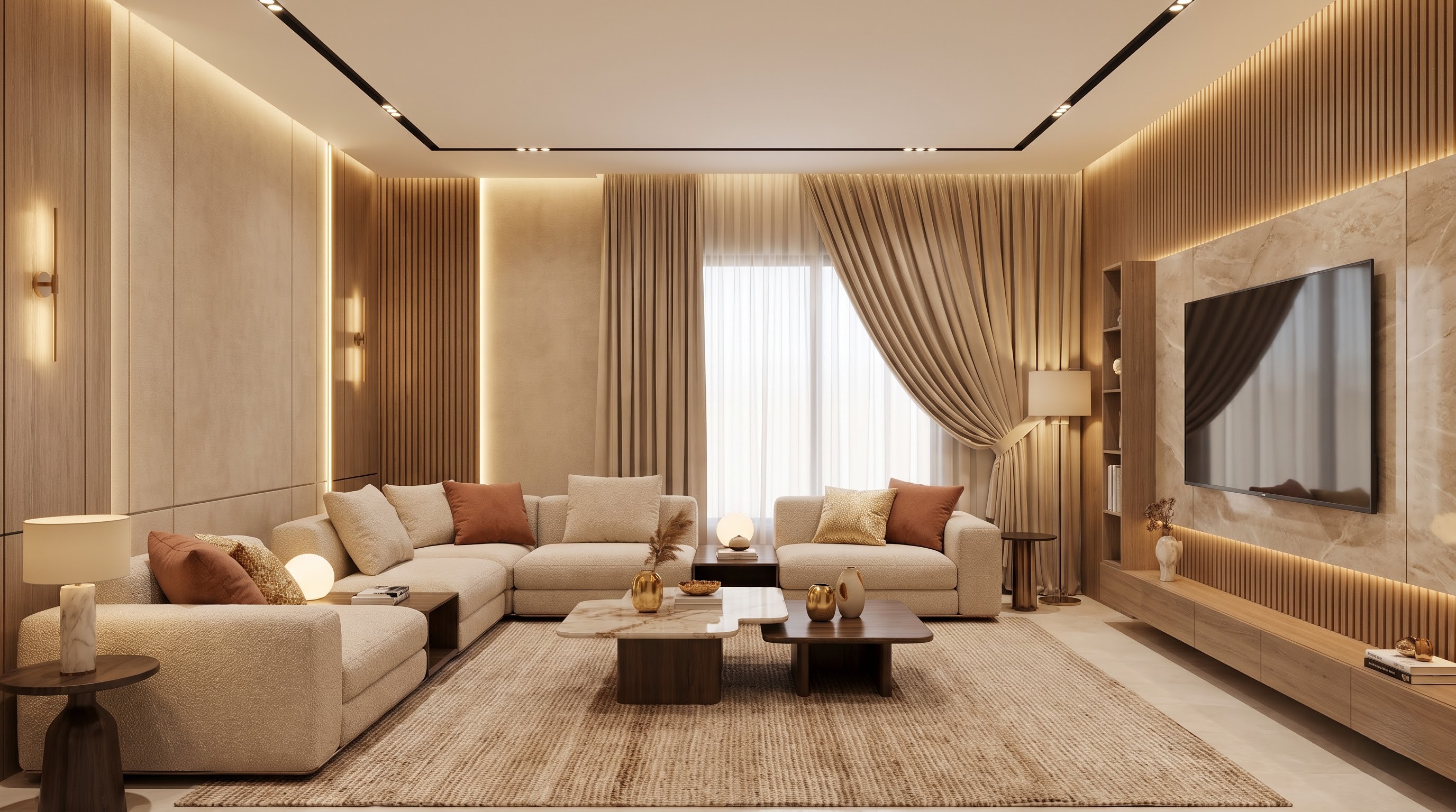 Warm beige living room designed by Atelier